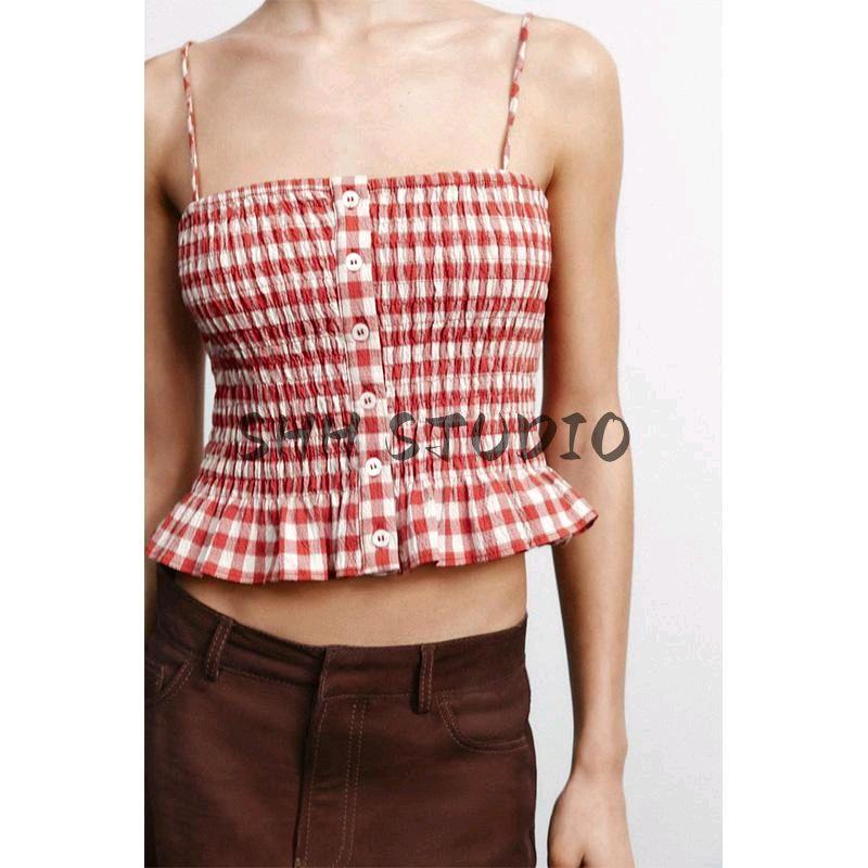 Spring New Women's Clothing French Style Design Easiest for Match Straight Collar Plaid Short Sling Tops 4661078