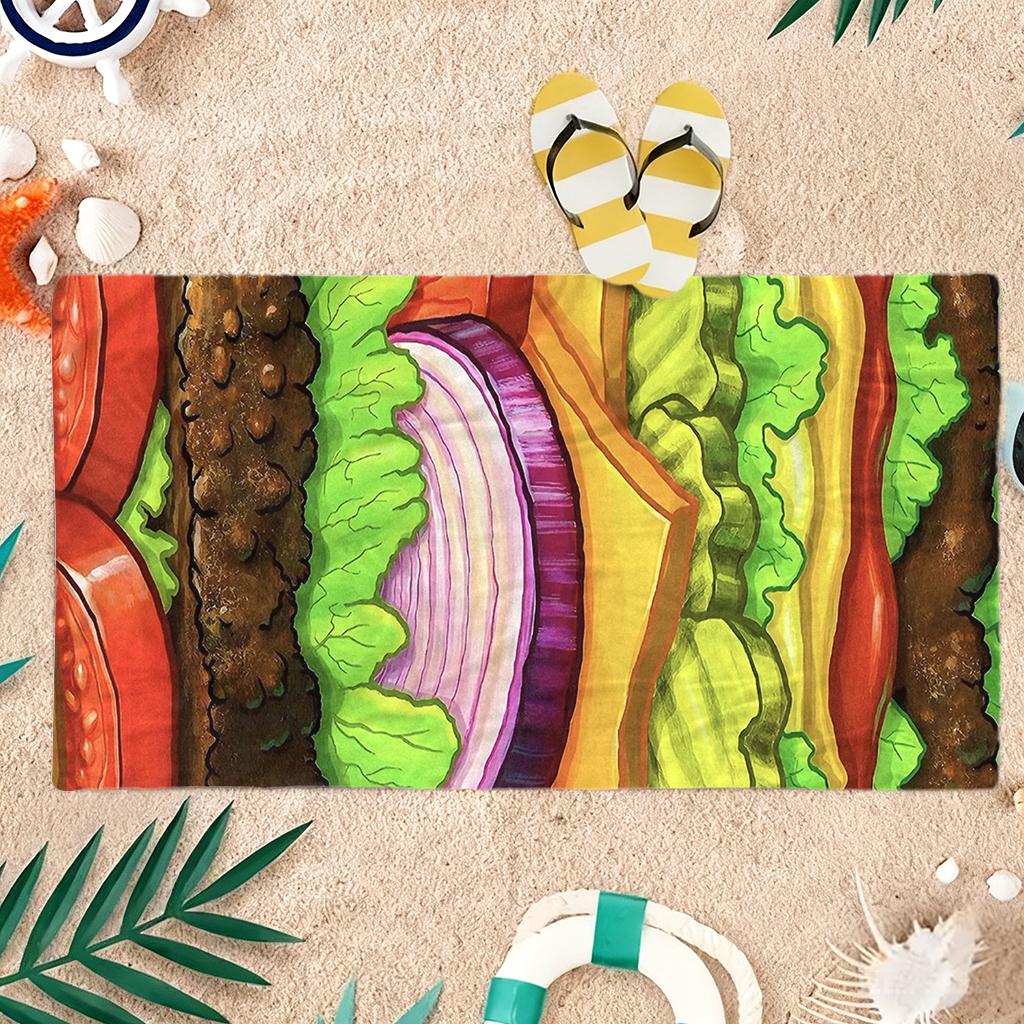 1PC Cartoon Hamburger Beach Towel Quick-drying Towel Suitable for Seaside Pool Camping Vacation Yoga For Family Friends Children
