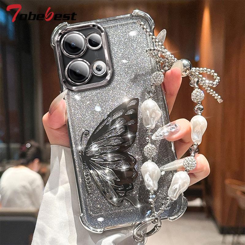 

Лазерный Чехол-браслет с блестками и гальваническим покрытием, противоударный, в виде бабочки, для OPPO Reno 14 14F 13 13F 12 12F 11 11F 10 Pro Plus 5G, силиконовый чехол Oppo Reno10 Pro+ серебряный