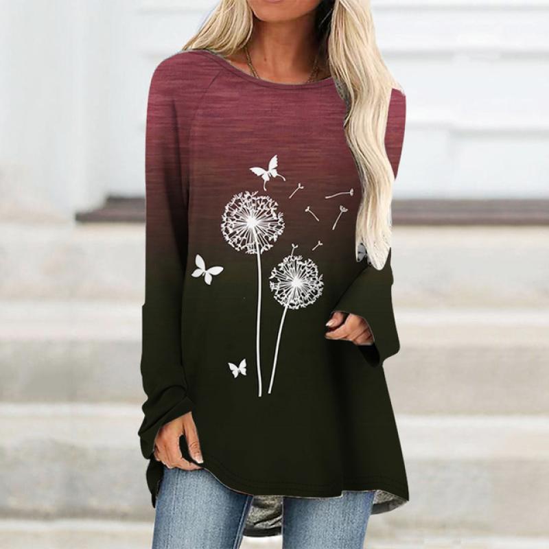 

Новые футболки с длинными рукавами и 3D принтом «Одуванчик и бабочка», женская модная футболка большого размера с цветочным принтом, уличная одежда, футболки для девочек, топы 8XL