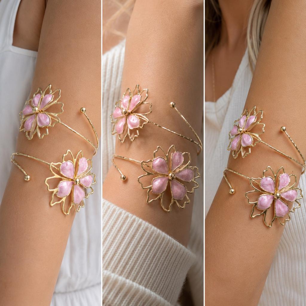 Bohemian Enamel Flower Upper Arm Cuff Bangle, Gold Color Spiral Floral Armlet for Women, Beach Party Holiday Jewelry Gift