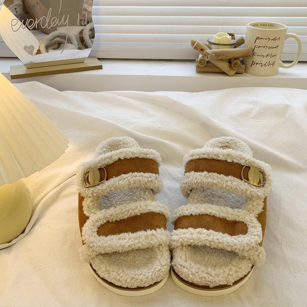Internet celebrity thick bottom Birkenstock hairy slippers women wear autumn and winter 2025 new high-end explosion non-slip cotton slippers