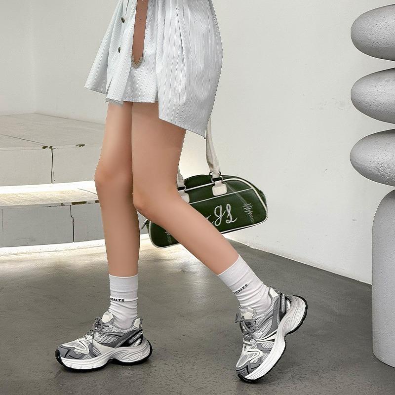 Thick Heel Thick Sole Color Matching Dad Shoes Women's Spring New Silver Retro Leather Breathable Casual Sports Shoes