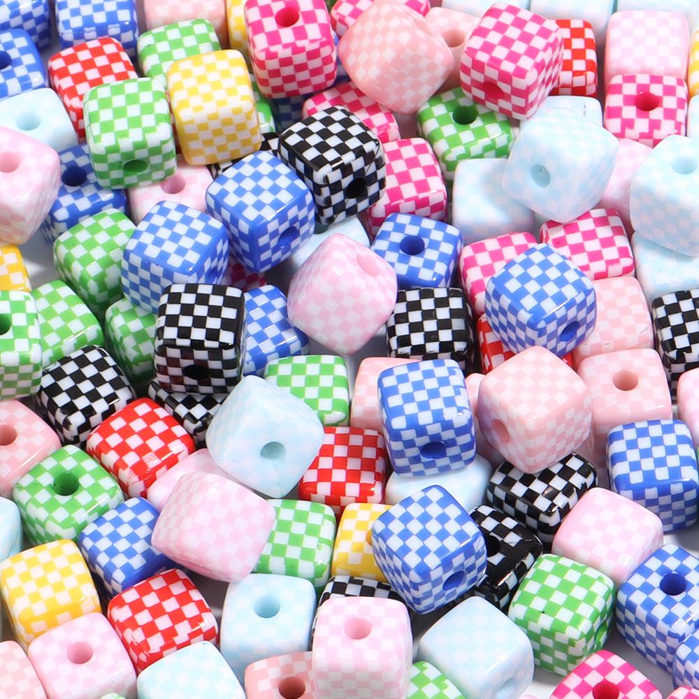 10 Piezas 13mm Cuentas Acrílicas Coloridas Patrón de Tablero de Ajedrez Cuentas Cuadradas con Agujero Grande Para Manualidades Pulseras Fabricación Accesorios de Joyería DIY