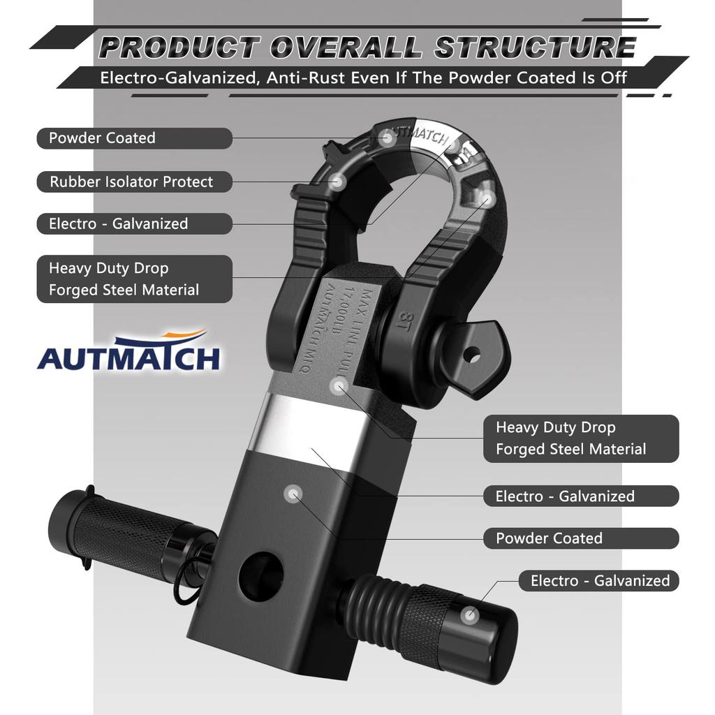 AUTMATCH Shackle Hitch Receiver with and Mega Shackles and Trailer Hitch Lock Vehicle Recovery Receiver Kit with a kg Break Matte Black Mega Shackle