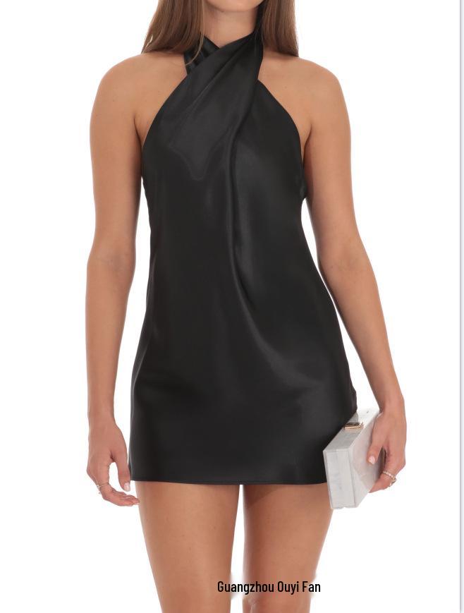 Europäischer & Amerikanischer Stil Schwarzes Neckholder Ärmelloses Enganliegendes Kurzes Kleid