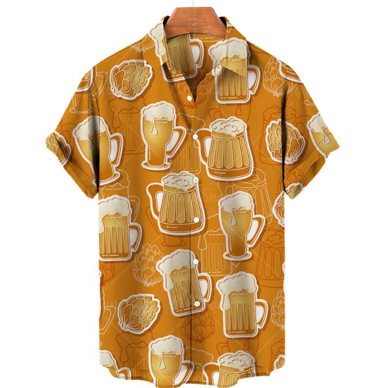 Hawaiianische Strand-Harajuku-Hemden für Herren 3D-Druck Bier Kurzarm-T-Shirts Sommerurlaubsstil Einreihige Oberteile Revers