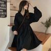 HOUZHOU Hvit skjortekjole Dame Langermet koreansk Klassisk Basic Chic Elegant Svart Midikjole med høy midje