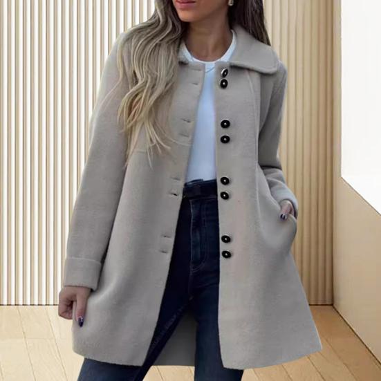 Fall Winter Women Woolen Jacket Lapel Long Sleeves Solid Color Loose Fit Daily Wear Overcoat Casual Streetwear