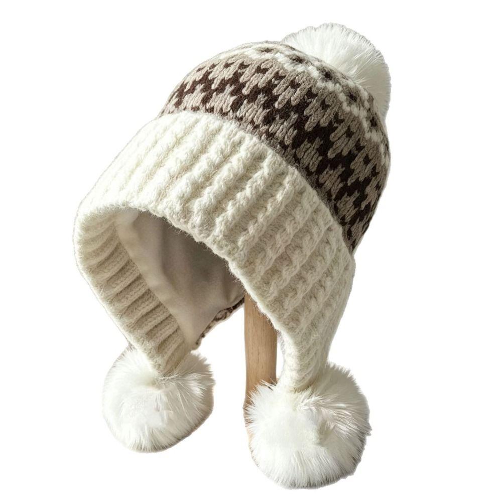 with Pom Poms Ear Flap Knitted Hat Ear Protection Winter Knit Hat Cold Proof Hat For Women