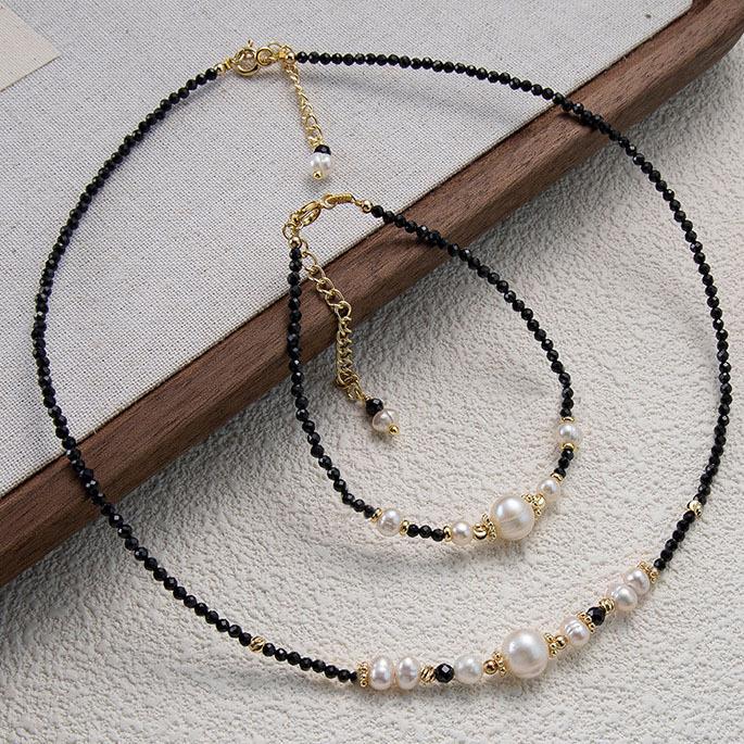 Black spinel natural freshwater pearl necklace women's light luxury retro high-end single pendant pendant neck chain bracelet accessories