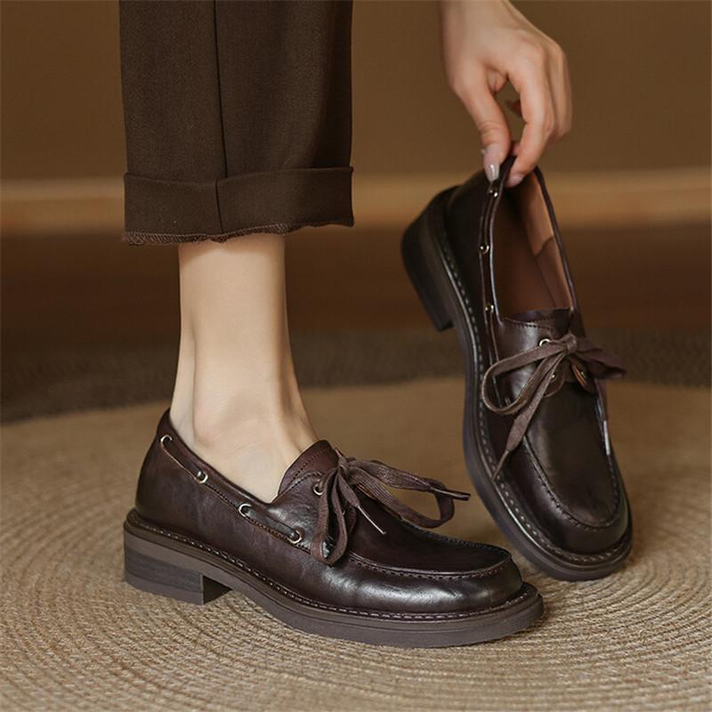 Fashion New Autumn Genuine Leather Women Pumps Fashion Lace Round Toe Shoes for Women Chunky Heel Casual Women Loafers Zapatos Mujer