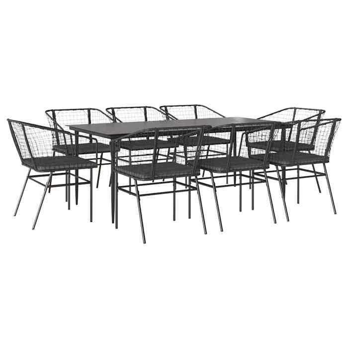 VidaXL Ensemble à manger de jardin coussins 9pcs noir poly rotin verre 3334505
