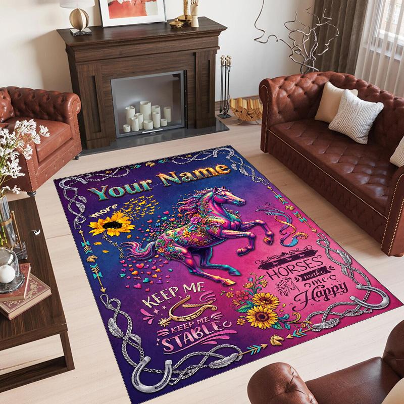 Horse Theme Crystal Velvet Floor Rug Personalized Custom Name Text Warm Carpet Home Decoration