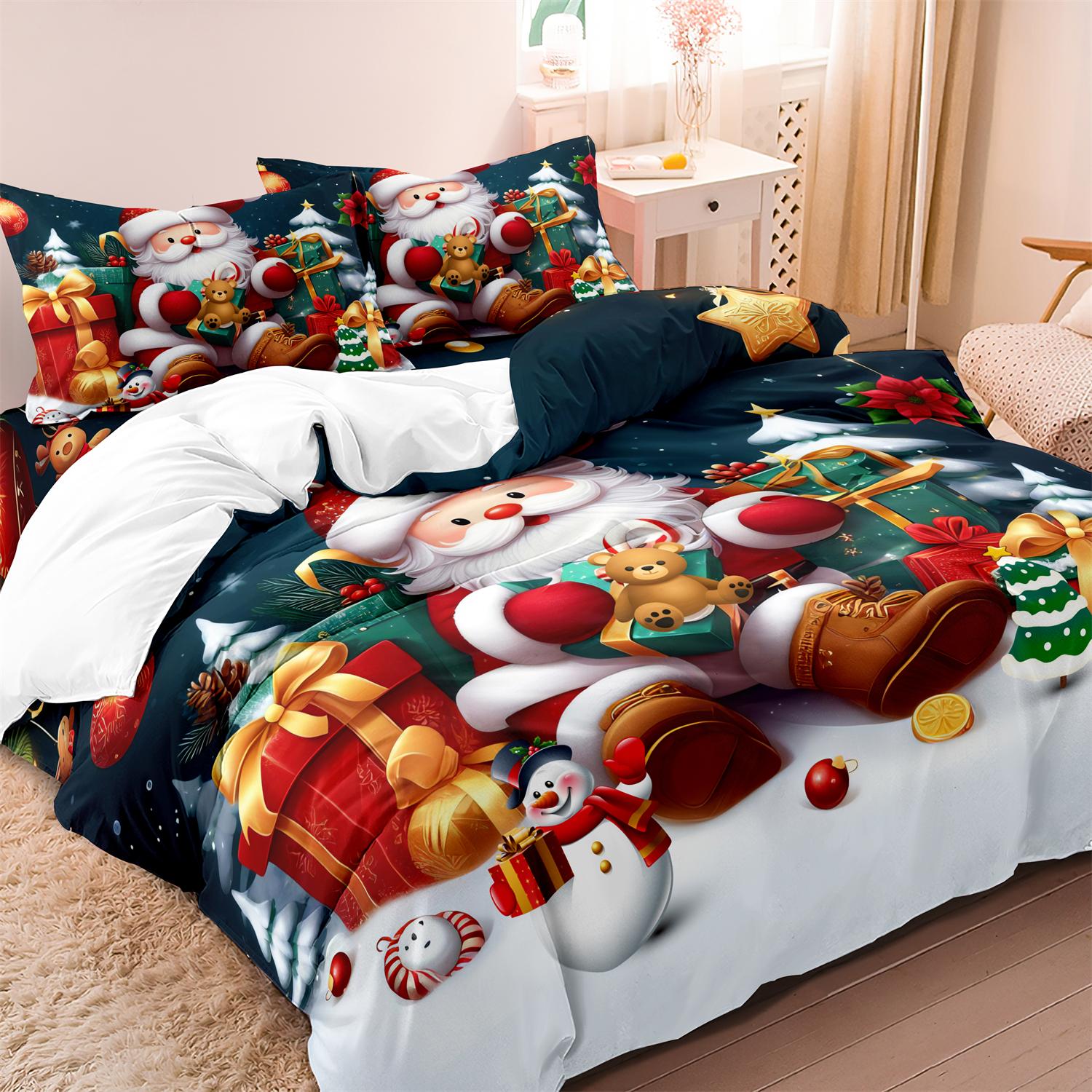 

3pcs Christmas Bedding Set Santa & Snowman Print Duvet Cover Breathable Polyester Christmas Present 1 Duvet Cover 2 Pillowcases EU Single-135x200cm