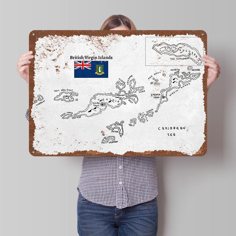 Handdrawn Map of British Virgin Islands Poster Customized Wall Art Vintage Metal Signs Retro Tin Plaque for Man Cave Coffee Bar