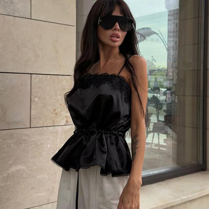 European and American Summer New Fashionable and Sexy Suspender Solid Color Lace Splicing Waist Pleated Top Women