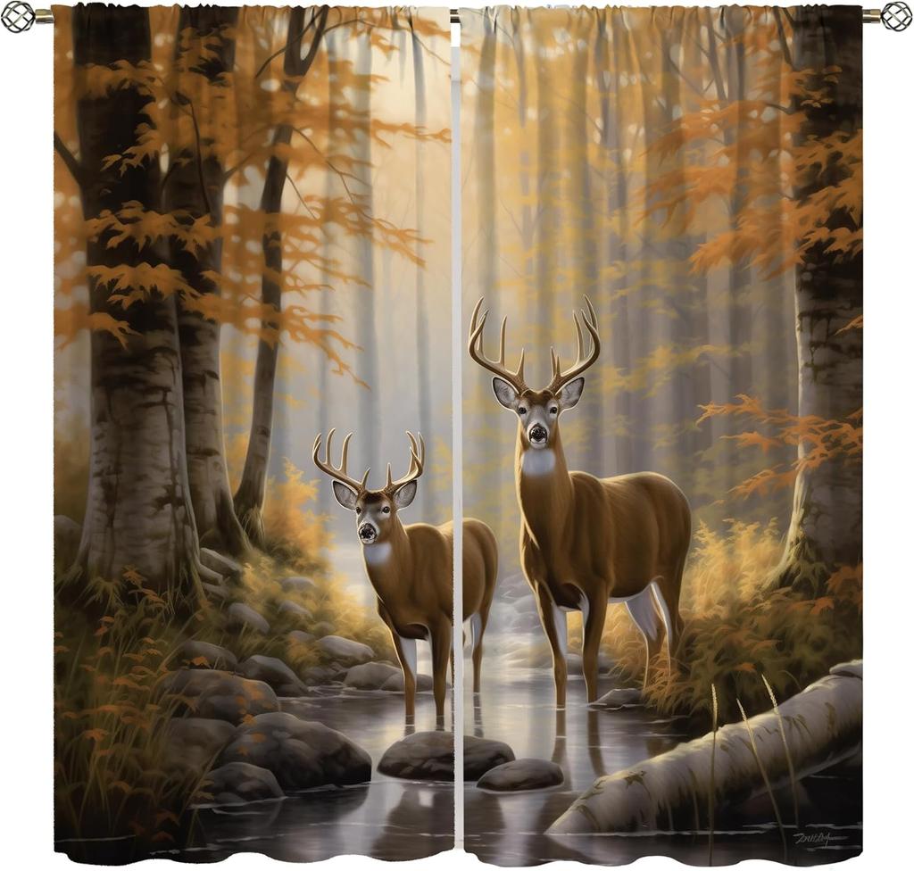 Farmhouse Deer Curtains Bedroom Vintage Rustic Fall Hunting River Cabin Elk Wildlife Window Drape Boys Girls Living Room Curtain For Sitting Polyester