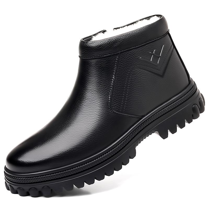 Winter Warm and Piled Thickened Wool Fur Integrated First Layer Cowhide Cotton Shoes Men's Northeast Large Size Cotton Leather Shoes Men's