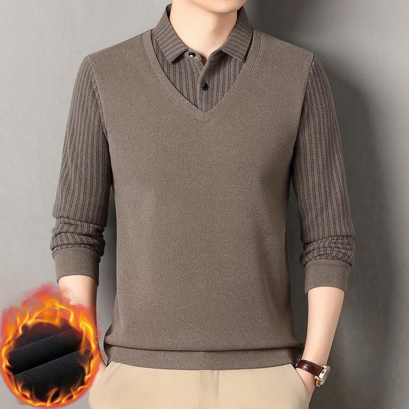 Men s Autumn/Winter Casual Two-Piece Long-Sleeved Polo Shirt - Midlife & Elderly Style 3XL верблюд