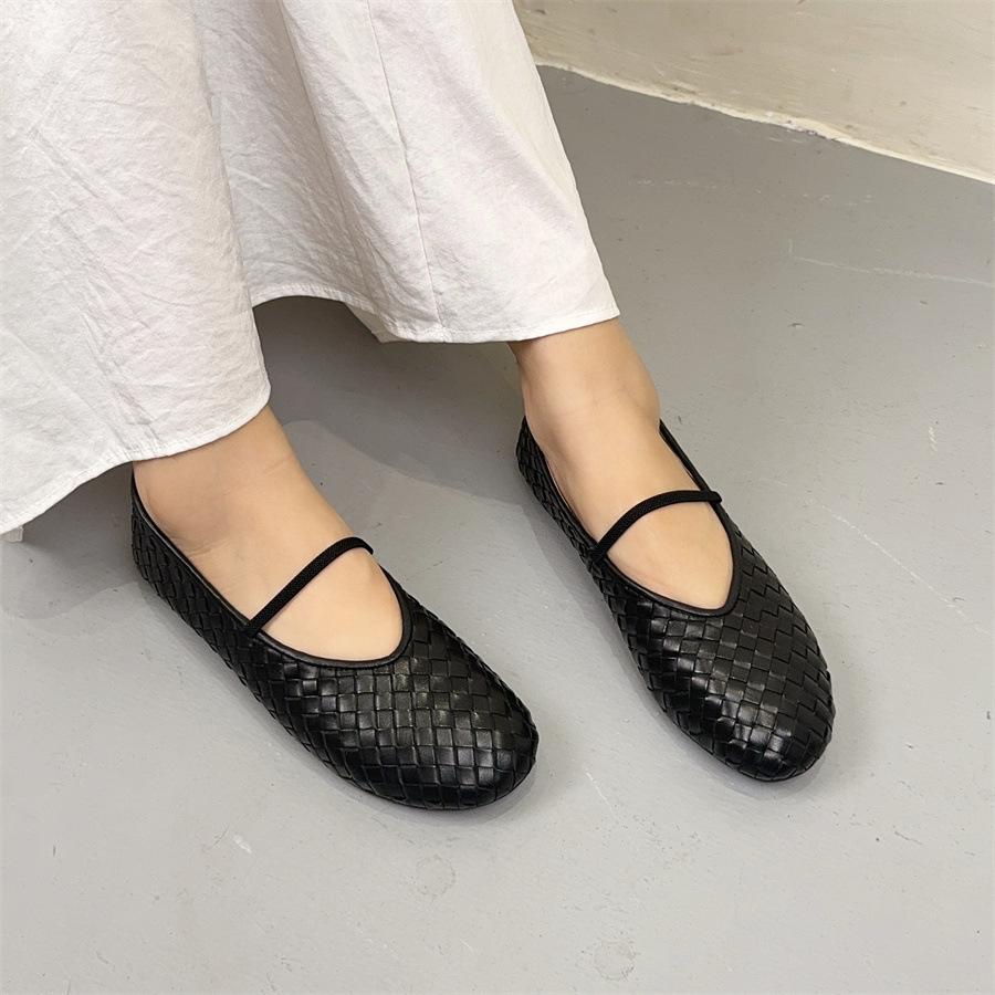 Johnature Retro-Schuhe aus handgefertigtem Echtleder mit Webmuster, flache, runde Zehenpartie, weiche Sohle, Damen-Schlupfschuhe