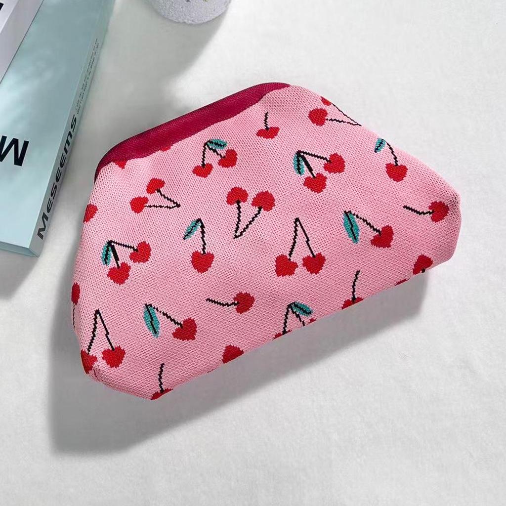 Cherry Cloud Woven Clutch: High-End Knitted Makeup Bag for Commuting and On-the-Go Versatility