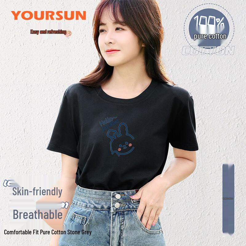Yiershuang Women s 100% Cotton Short Sleeve Round Neck T-shirt XL чёрный
