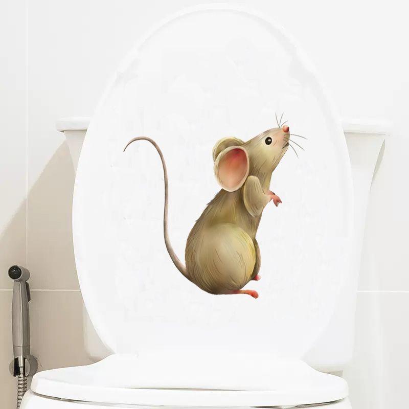 Mouse Looking Up Funny Toilet Stickers Cartoon Urination Toilet Lid WC Door Sticker Removable Self-Adhesive Decor