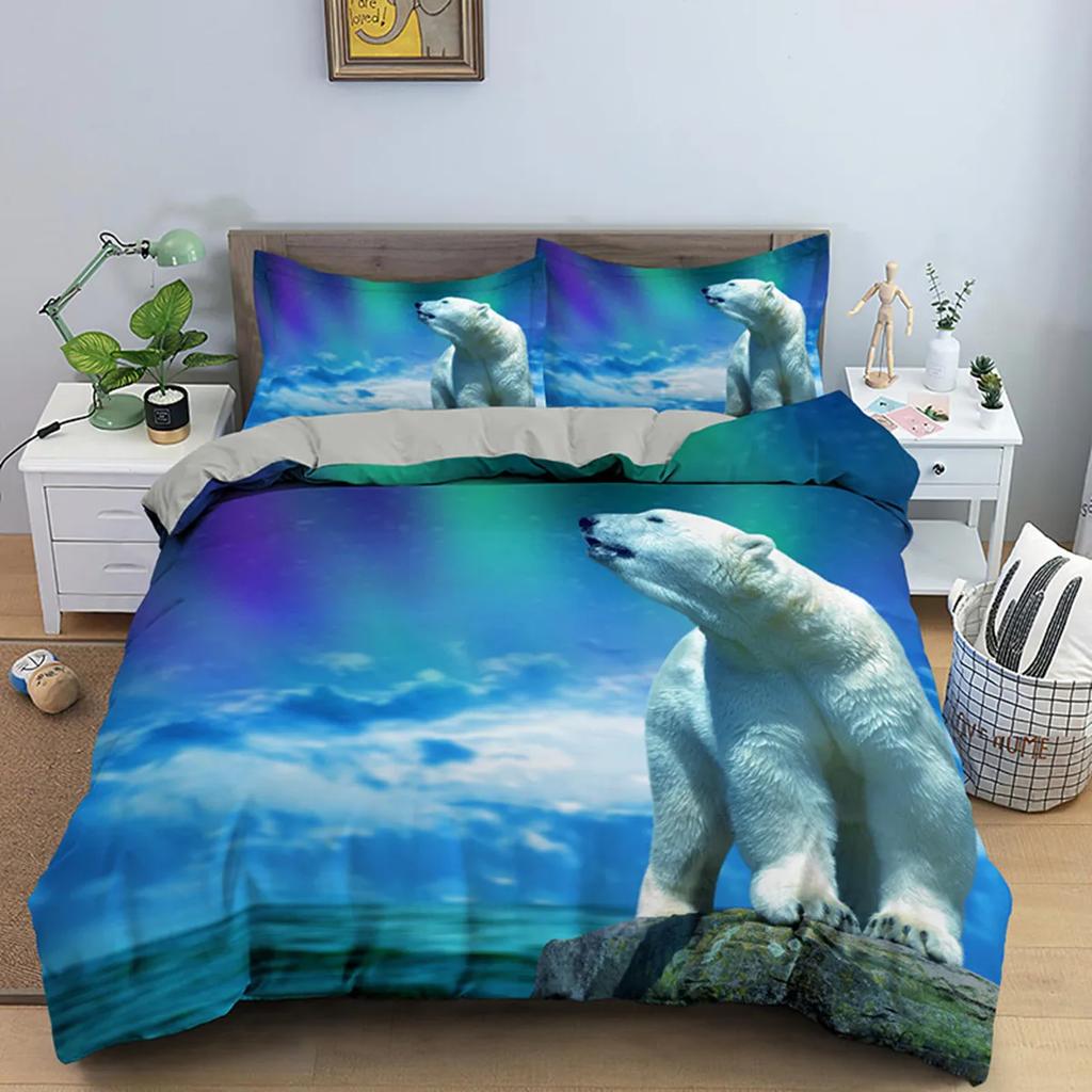 Polar Bear Duvet Cover 3D Lovely White Arctic Animals Kids Teens Women Wildlife Arctic Scenery Theme Quilt Cover Room Decoration