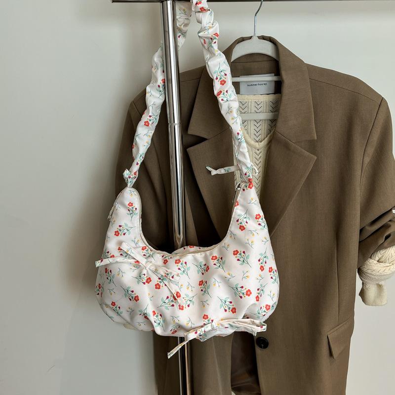 Bow floral pleated cloud bag women's small fresh high-value shoulder underarm bag casual messenger canvas bag bag