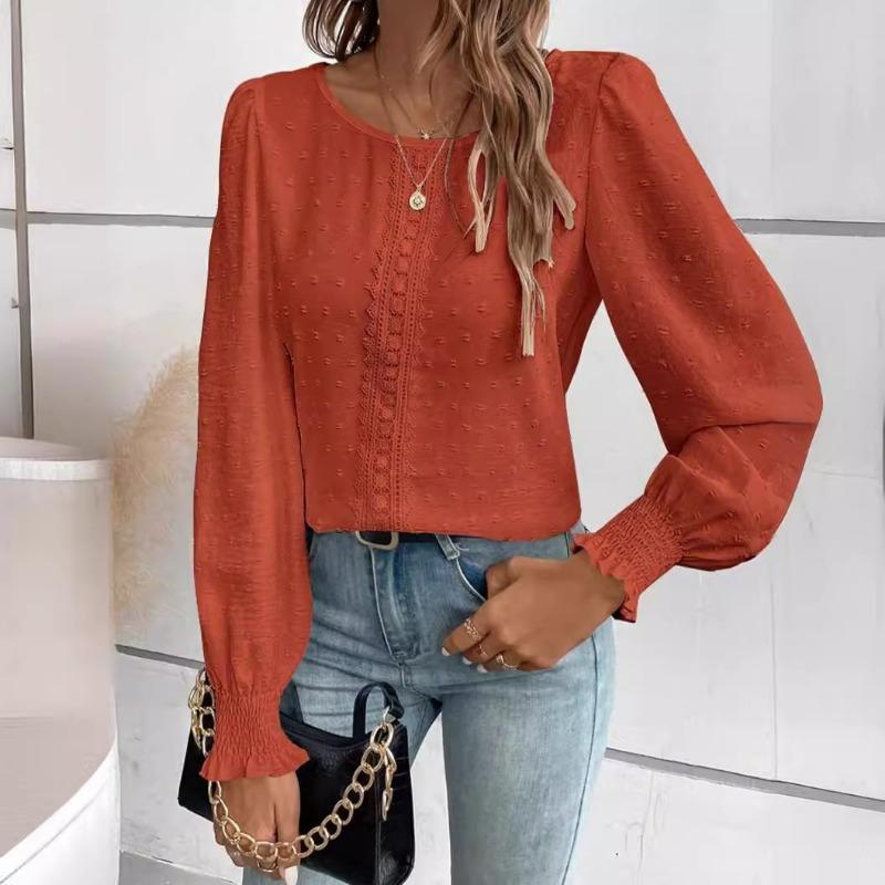 Elegante Dames Ronde Hals Kant Blouse Nieuw Lange Mouw Kantoor Casual Shirt Effen Kleur Tops Lange Mouw Lente Herfst Eenvoudige Zoete Kleding