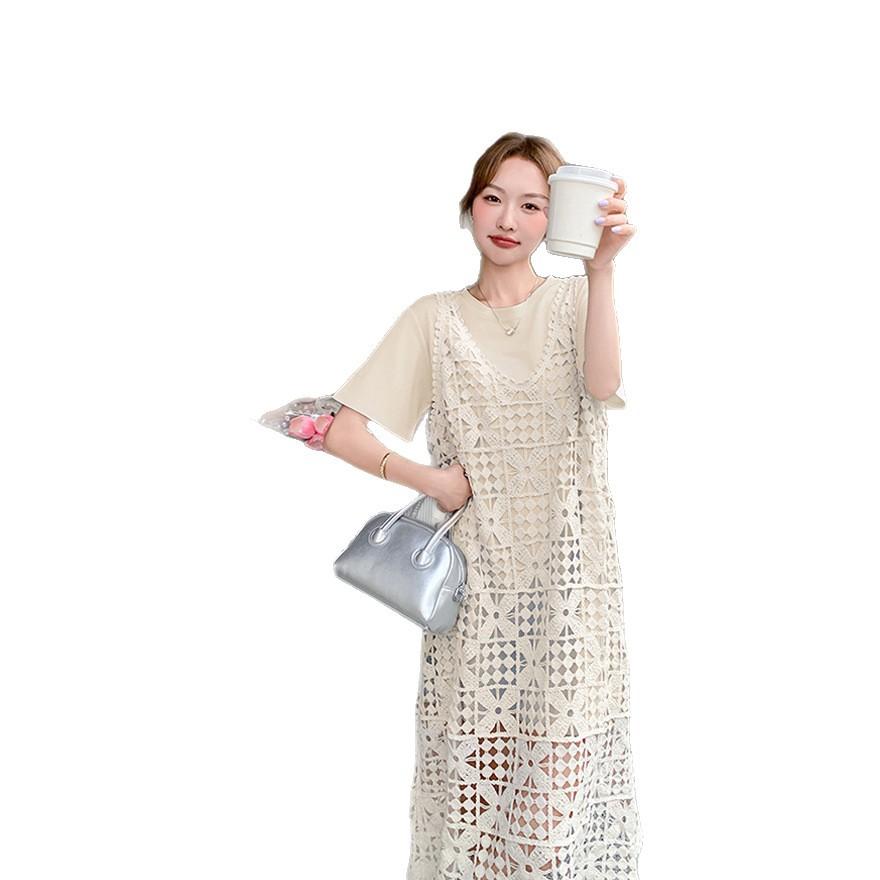 Lace Hollow Blouse Vest Skirt Casual and Thin T-shirt Skirt Women's Summer New Two-piece Dress