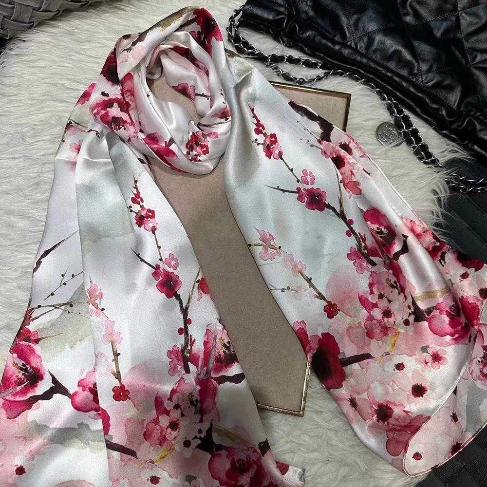 New Blue Women'S 100% Mulberry Silk Scarf Shawl 175*52Cm Fashion Floral Design Long Scarves Wraps Fall Winter Headscarves