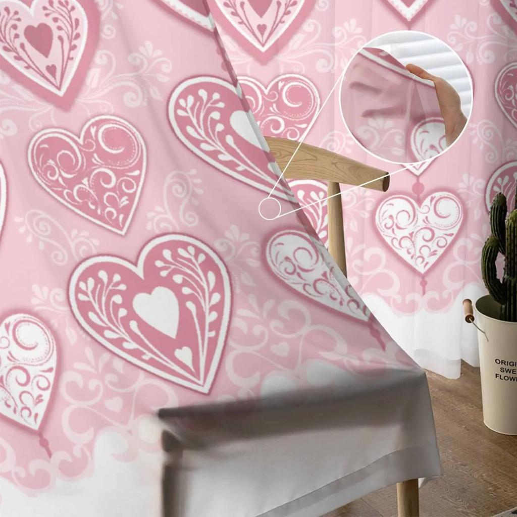 Valentinstag-Liebe, rosa Tüllvorhänge für Wohnzimmer, durchsichtiger Vorhang für Schlafzimmer, Küche, Jalousien, Voile-Vorhänge