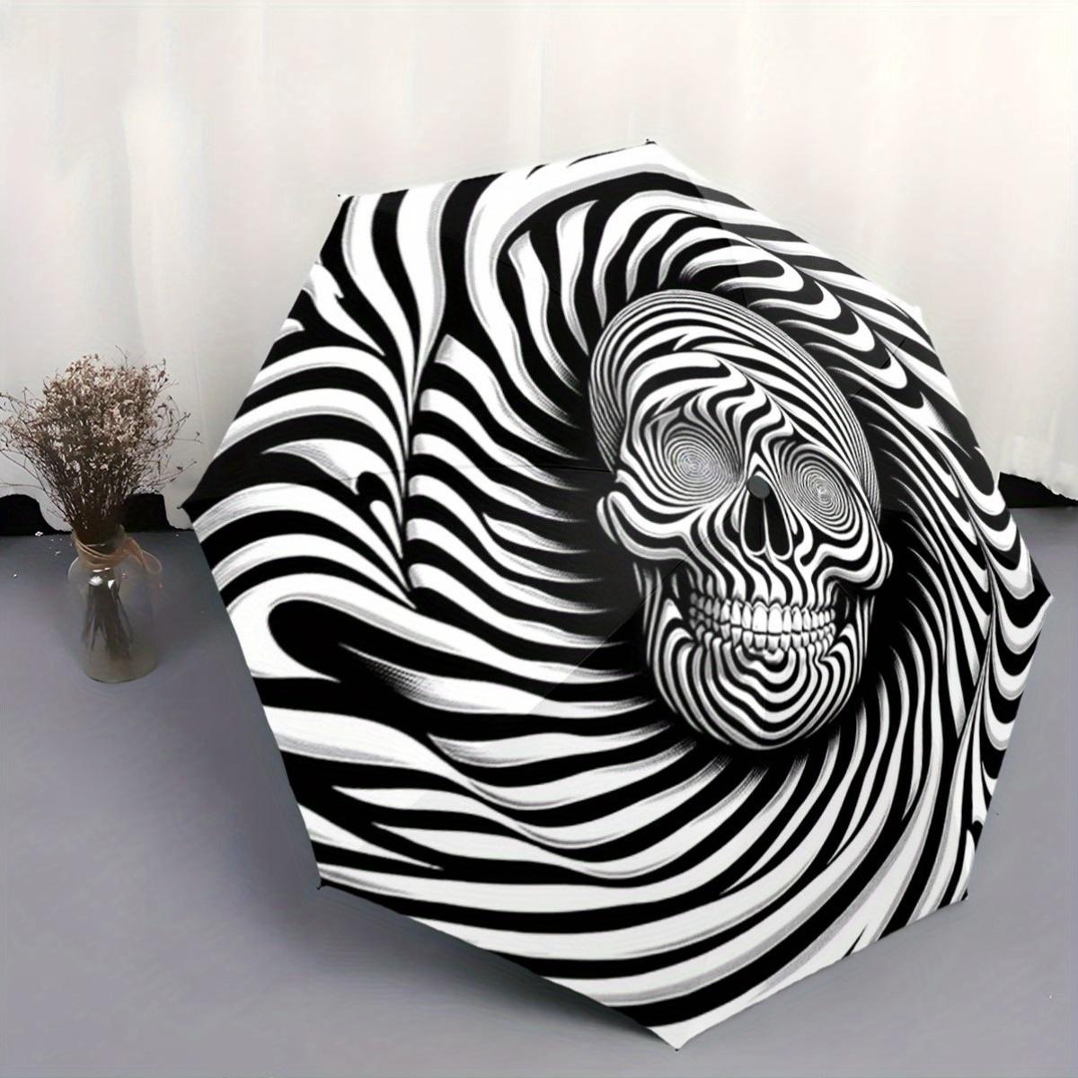 

Foldable Umbrella with Optical Illusion Pattern - Swirling Black & White Stripes & Skull Design, 8-Rib Automatic Open Compact (as the picture,Iron&8K)