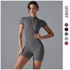 Nude Feel Stand-Up Collar One-Piece Yoga Bodysuit with Half-Zip & Short Sleeves