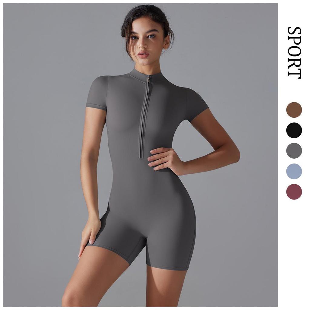 Nude Feel Stand-Up Collar One-Piece Yoga Bodysuit with Half-Zip & Short Sleeves