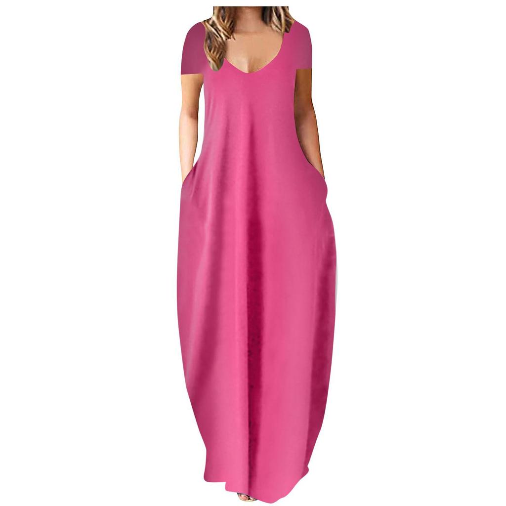 Summer hot sale large size women's clothing solid color sexy deep V-neck short-sleeved dress women