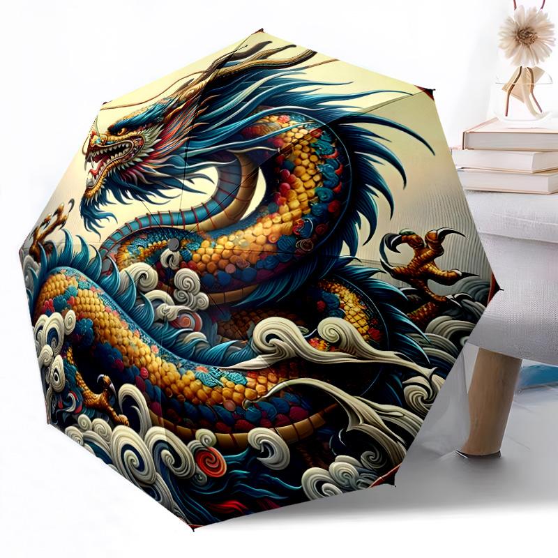 Enchanted Dragon Fantasy Outdoor Automatic Umbrella Compact 8-Rib Design Durable Plastic & Iron Travel Essential Fashionable Accessory Spiritual Gift