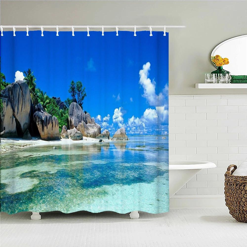 Waterproof Shower Curtain For Bathroom Sunny Sea Beach landscape Print Bathtub Curtains Polyester Bathroom Curtain with 12 Hooks