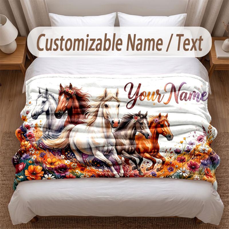 Horse Theme Soft Blanket Personalized Custom Name Text Print Warm Blanket Home Sofa Bedroom Decor