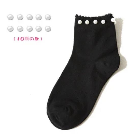 Black/White Korean Reto Pearl Socks Women Elastic Cotton Handmade Meias Creative Socks Harajuku Calcetines Mujer