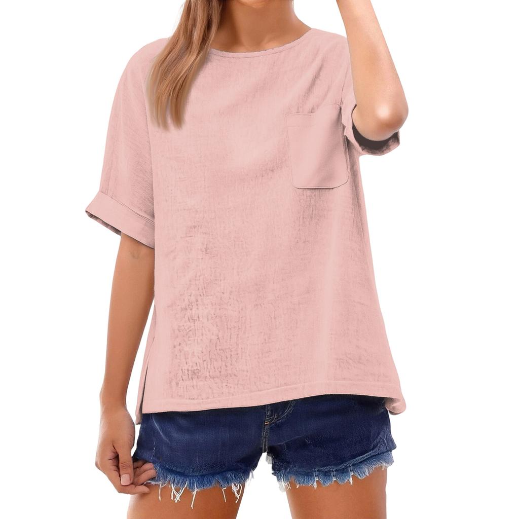 Fashionable Color Short Sleeve T-Shirt With Pocket Design, Fashionable Round Neck Lightweight Top For Women
