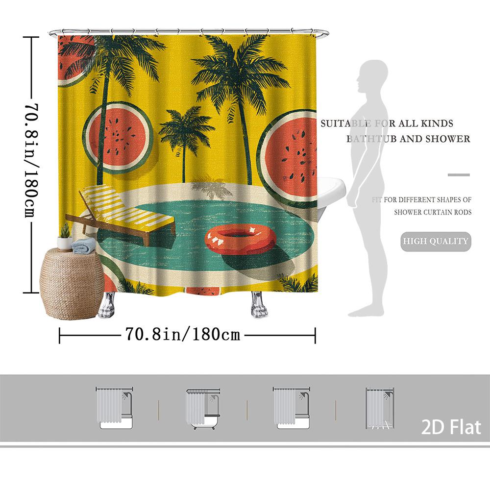 Watermelon & Palm Tree Shower Curtain – Vibrant Yellow Green Pool Scene, Tropical Beach Design, Polyester, Includes Hooks