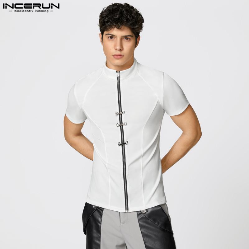 INCERUN Summer Men High Neck Short Sleeve Zip-Up Fitted Tops T-shirts Undershirts