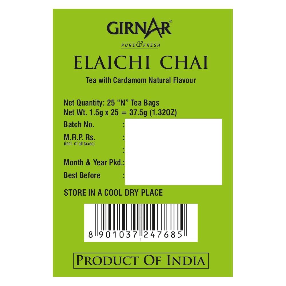 Girnar Elaichi Chai Cardamom Black Tea Foil Wrapped 25 Tea Bags Natural Beverage