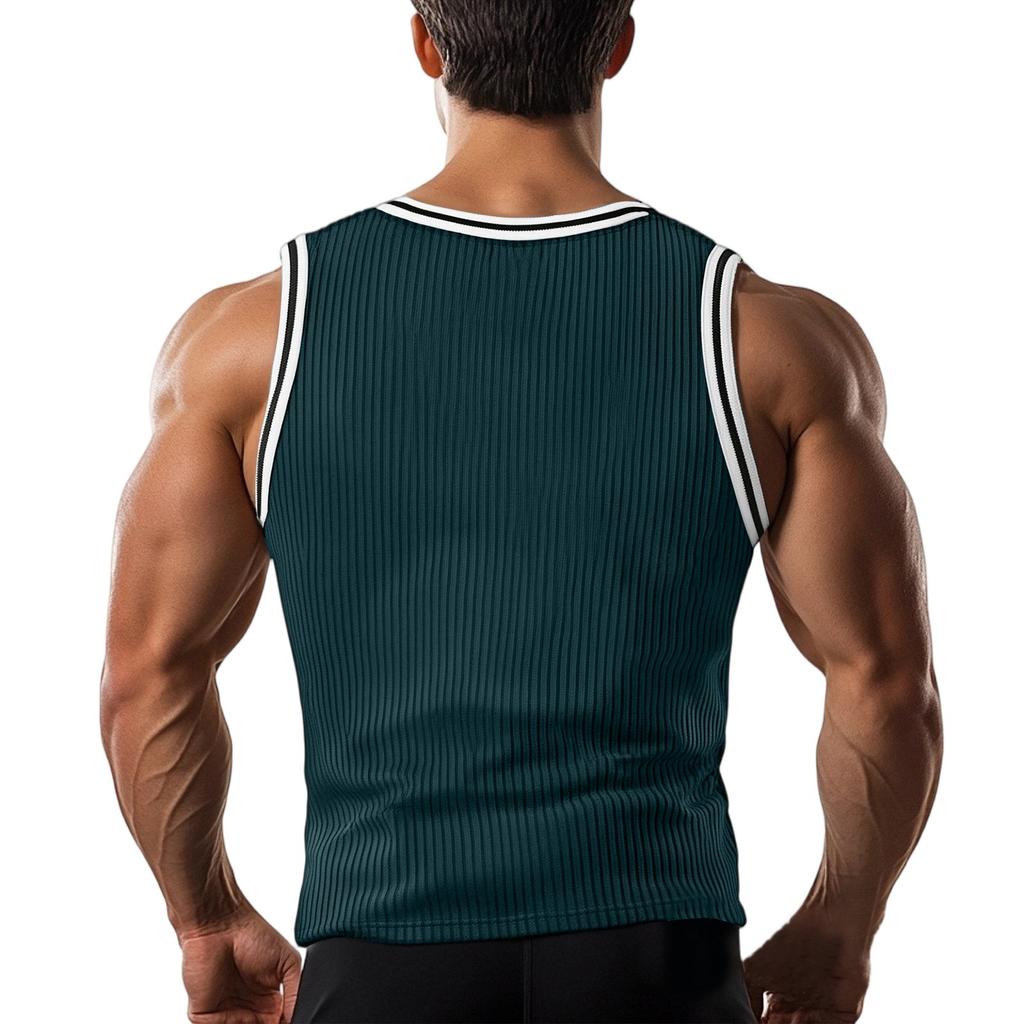 Men's Knit Vertical Stripes Fitness Exercise Slim-fit I-block Color Vest