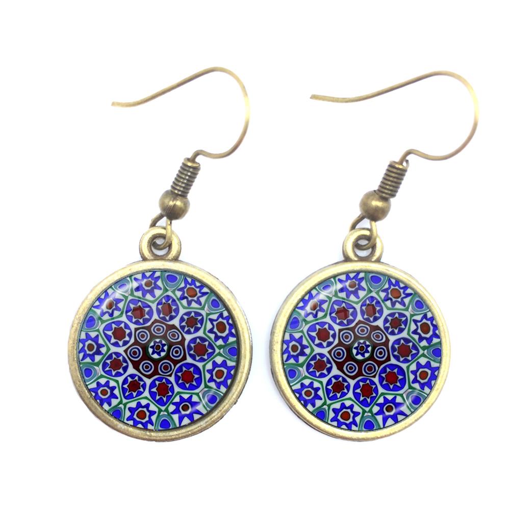 Murano Millefiori Drop Earrings MultiColour Flower 16mm Glass Cabochon Earring Jewelry For Women Girls Gift