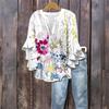 Women's Fashion Casual Button V-Neck Seven Sleeve Vintage Printed Shirt Top