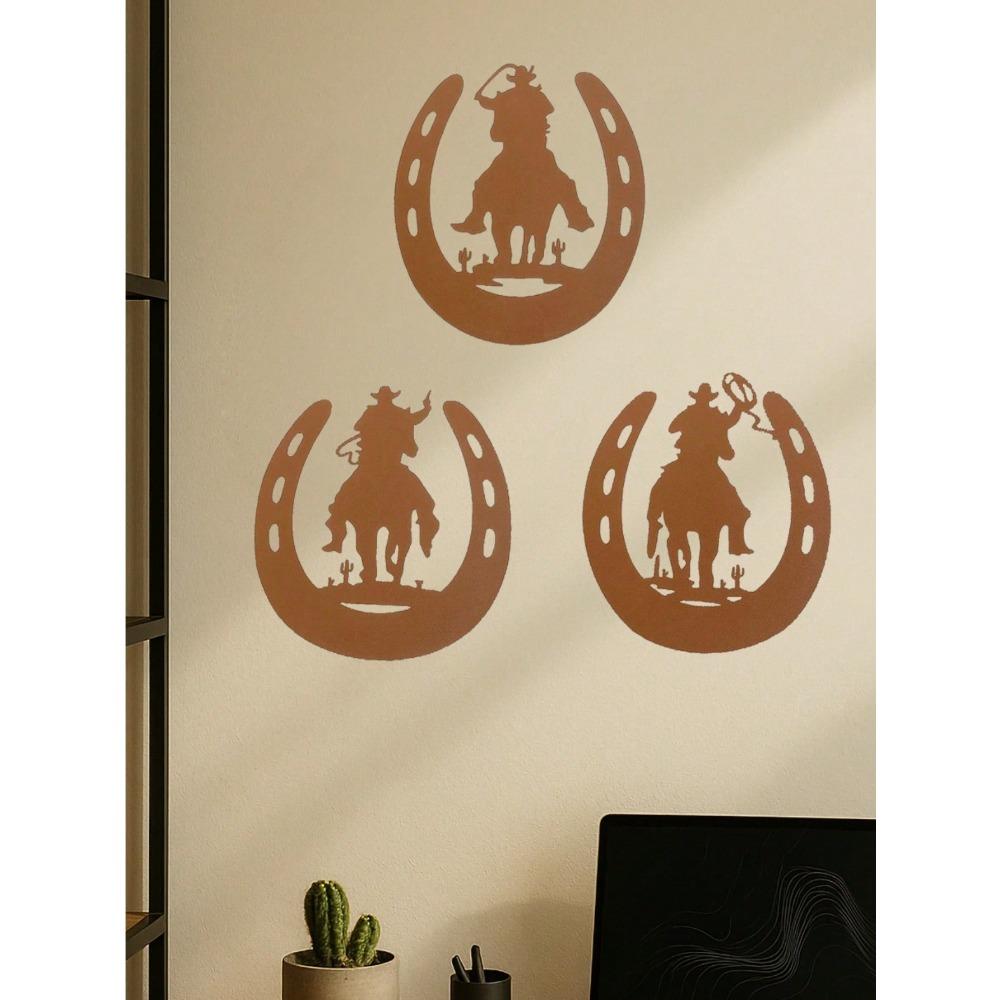 3-Piece Horseshoe Metal Wall Art Set, Western Cowboy Home Decor, Rustic Farmhouse Hanging Ornaments, Modern Bedroom & Living Room Decoration, Durable